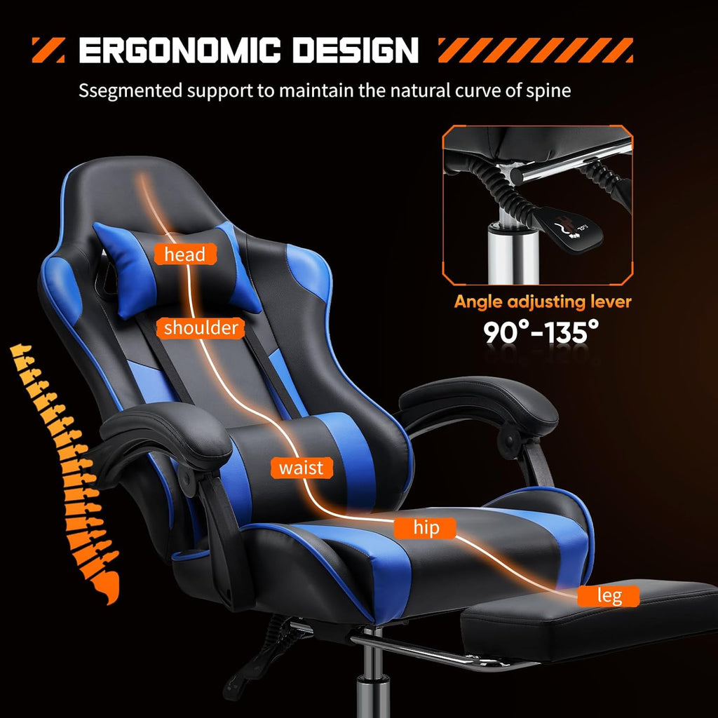 Computer Video Game Desk Chair - Ergonomic Comfy Lumbar Support with Footrest, PU Leather Recliner with Headrest, Fixed Up Armrest, Height Adjustable and 360?? Swivel, for Adults, Blue