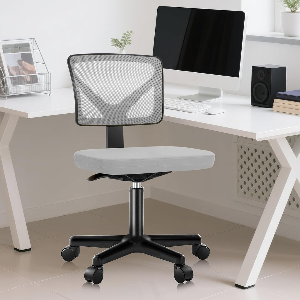 Small Office Chairs with Wheels, Ergonomic Adjustable Home Desk Swivel Rolling Task Chair No Arms, Comfy Mesh Mid Back Computer Work Vanity Desk Chairs for Small Spaces, New Grey