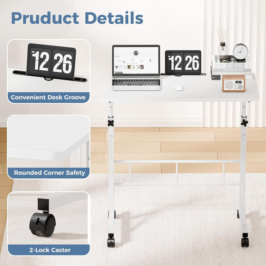 31.5 Adjustable Height Mobile Desk with Locking Wheels & Pin-Lock, Portable Workstation for Walking Pad & Active Home Office, White