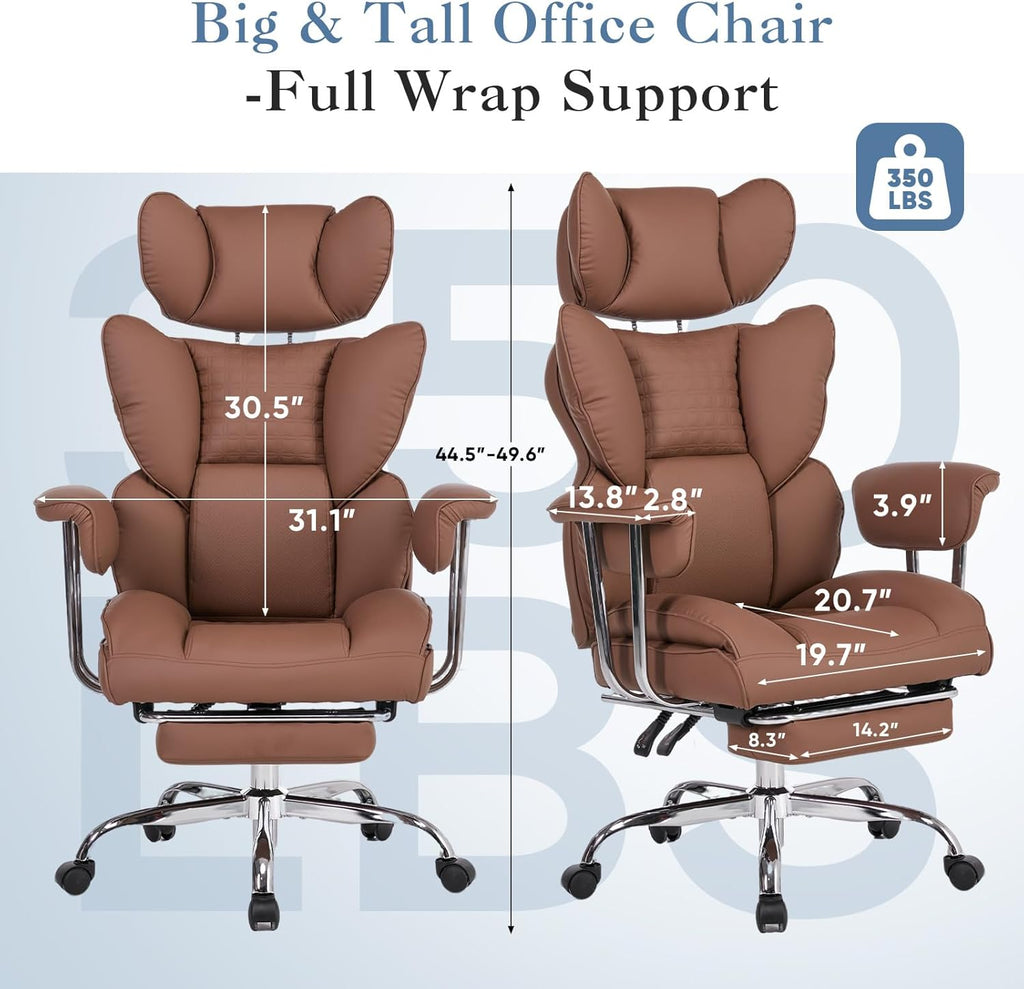 Big and Tall Office Chair 350 LBS, Scratch-Resistant PU Leather Executive Office Desk Chair with Footrest, Ergonomic Reclining Computer Chair with Pocket Spring Support for Home Office, Brown