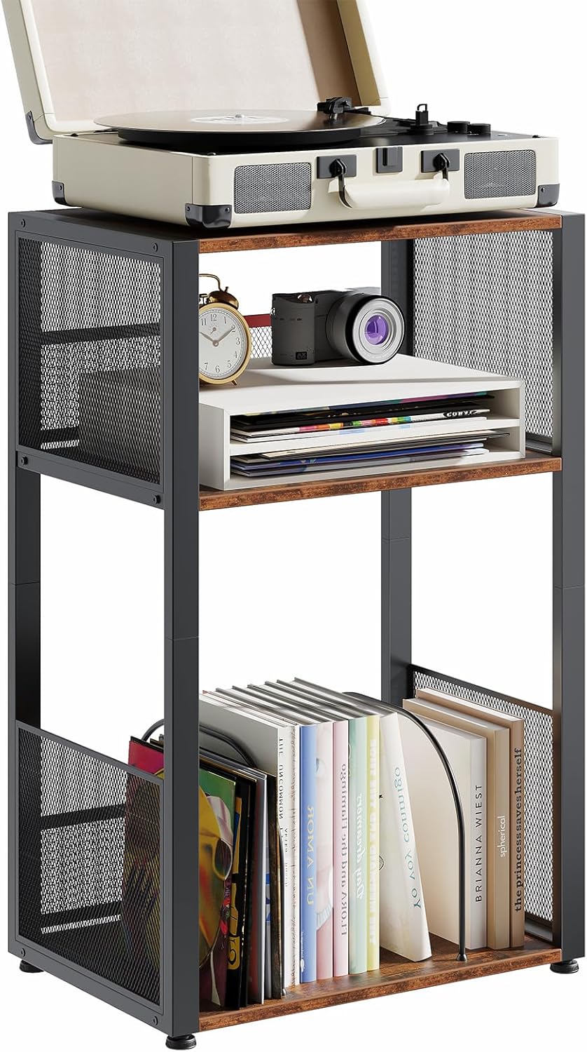 3 Tier Side Table, 2 Pack Record Player Stand with Storage Up to 100 Albums,Turntable Stand for Vinyl, Black Records Shelf for Living Room Bedroom