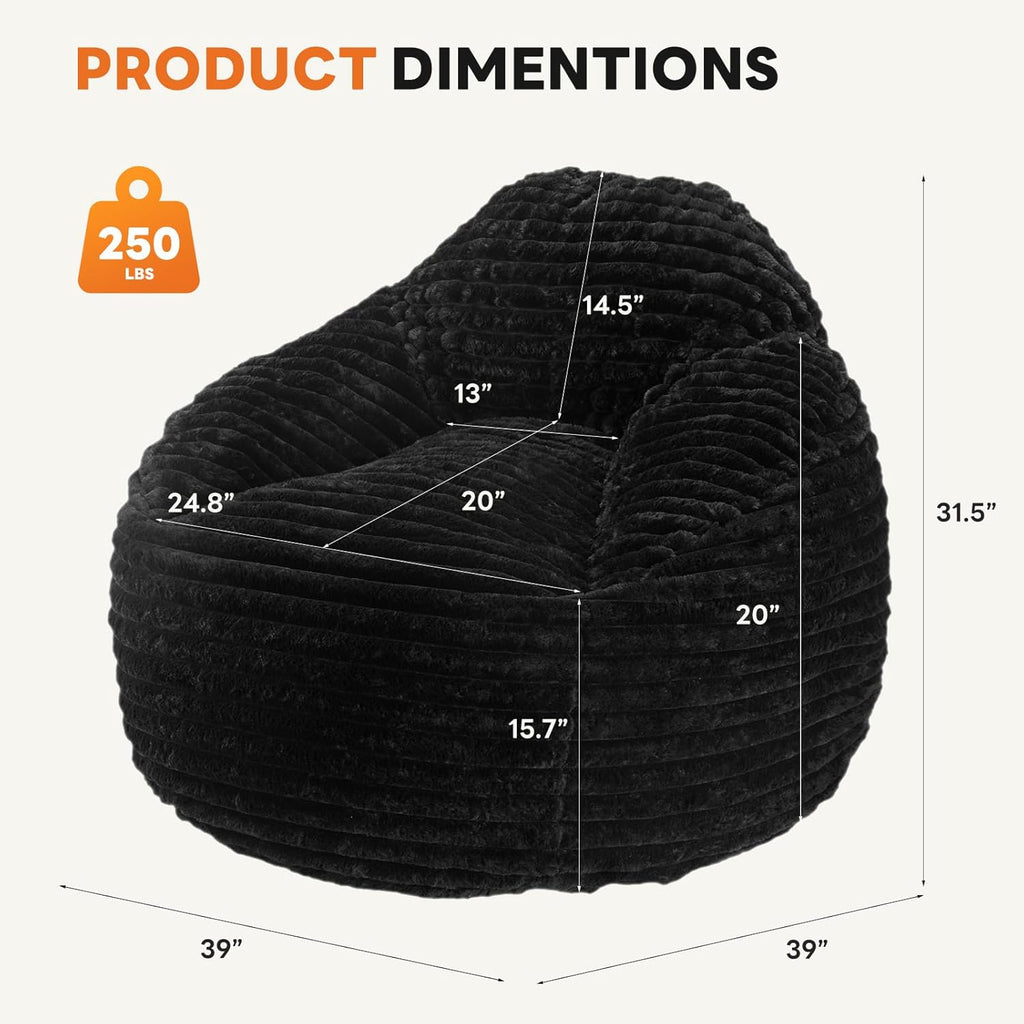 Bean Bag Chair, 39 Inch Bean Bags for Adults and Kids, Chair with Memory Foam Filled, Bean Bag Couch with Backrest and Armrests, Comfy Sofa for Living Room, Bedroom and Dorm, Black