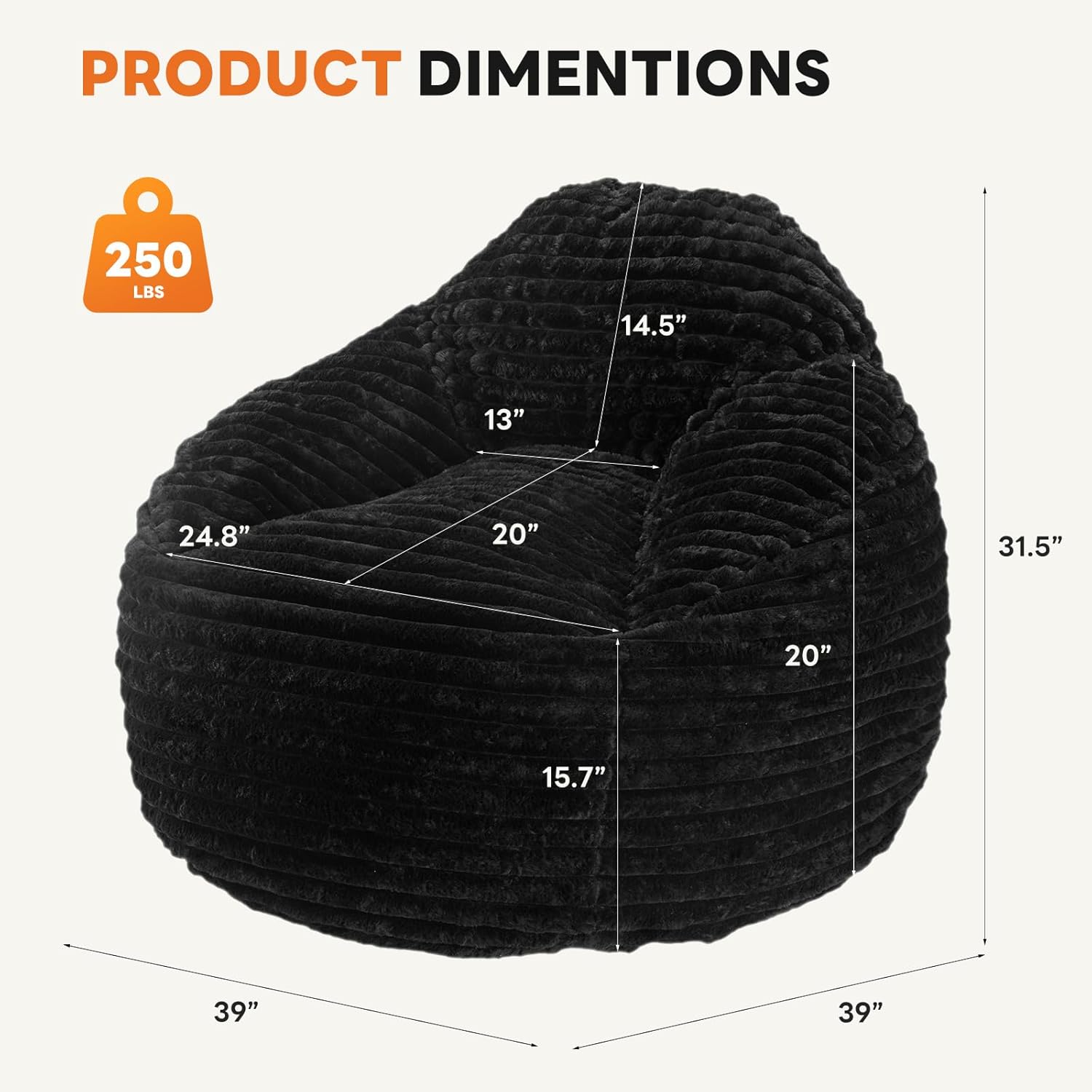 Bean Bag Chair, 39 Inch Bean Bags for Adults and Kids, Chair with Memory Foam Filled, Bean Bag Couch with Backrest and Armrests, Comfy Sofa for Living Room, Bedroom and Dorm, Black
