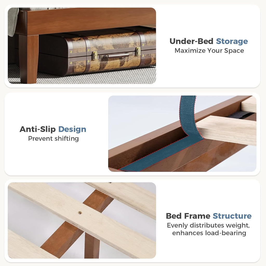 Twin Size Wood Bed Frame with Headboard, Solid Natural Wooden Platform Bed Base, Heavy Duty Slat Support Mattress Foundation, No Box Spring Needed, Low-Profile Design