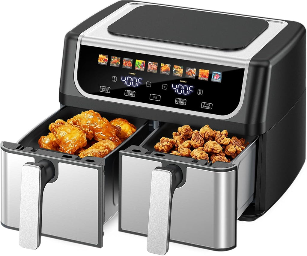 Dual Basket Air Fryer, 9.5 Quart Large Air Fryer with Double Basket, Independent TEMP Control, Sync Setting, Shake Reminder, 10 Presets for Bake, Broil, Defrost, Dehydrate, Grey