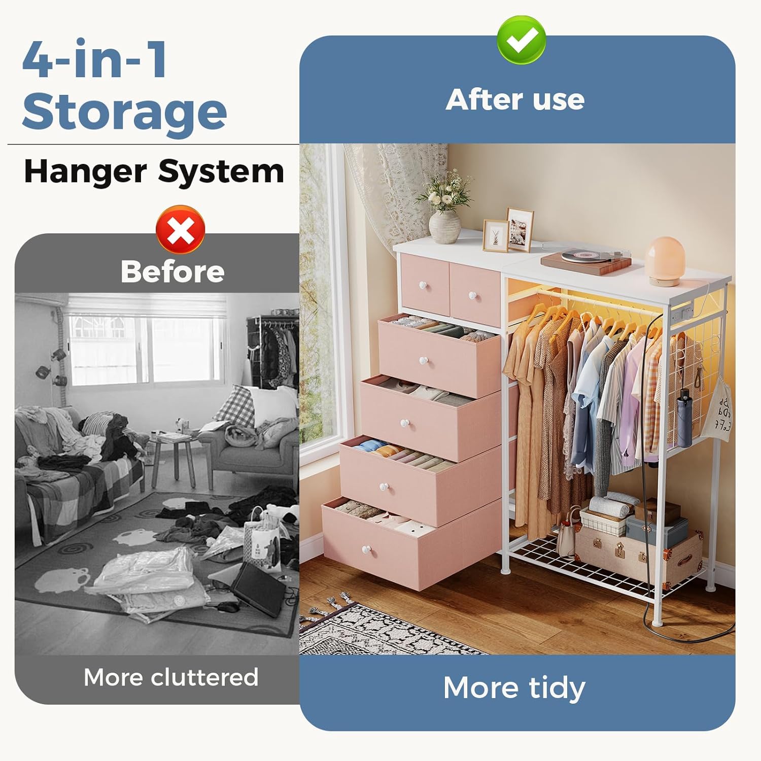 Dresser for Bedroom with Hanging Rack, 6 Drawer Fabric Dresser with Charging Station and LED Lights, Closet Organizer & Storage Tower for Living Room, Entryway, Apartment, Pink