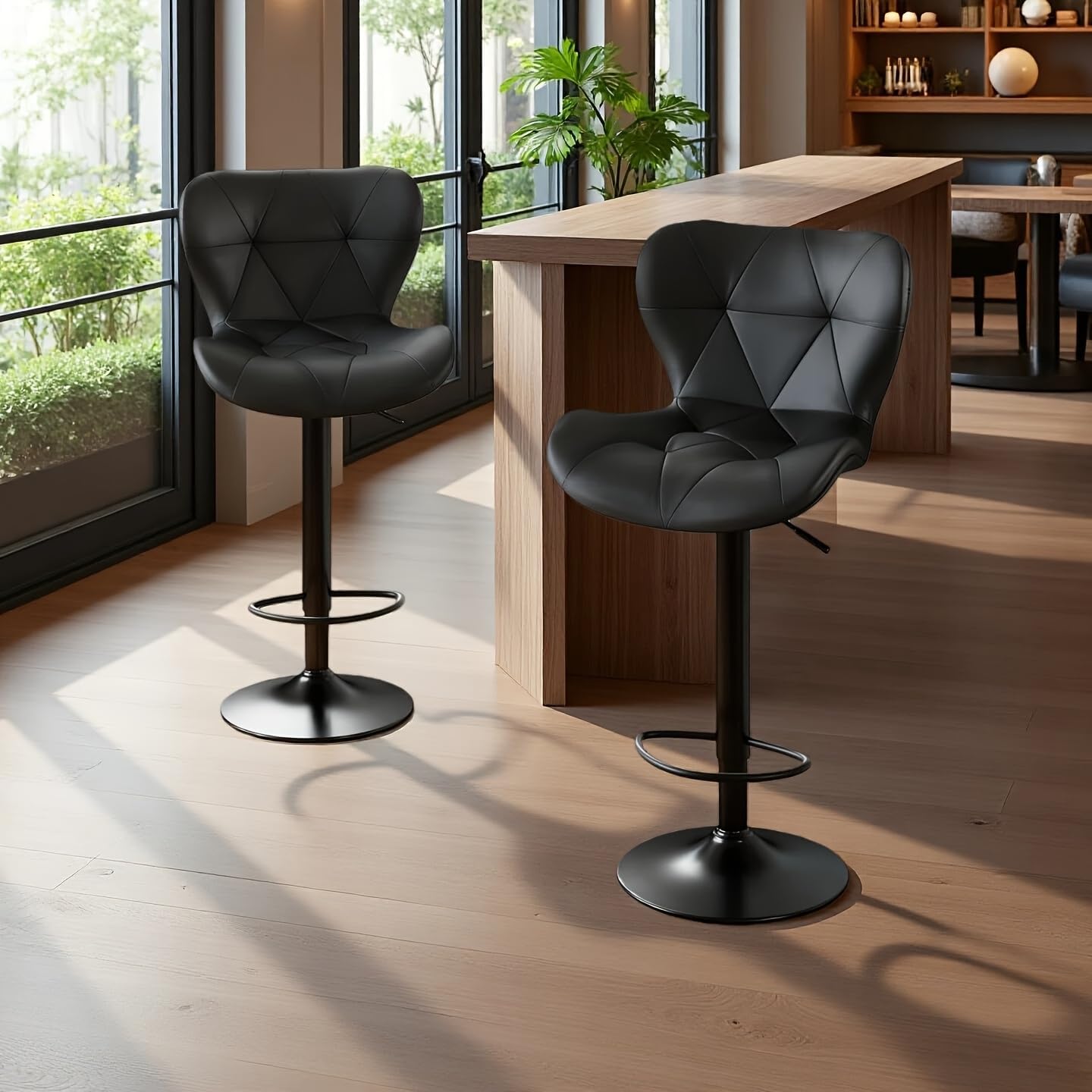 Modern Bar Stools Set of 2, Adjustable Faux Leather Upholstered Swivel Bar Stools, Counter Height Bar Chairs with Back for Kitchen Island