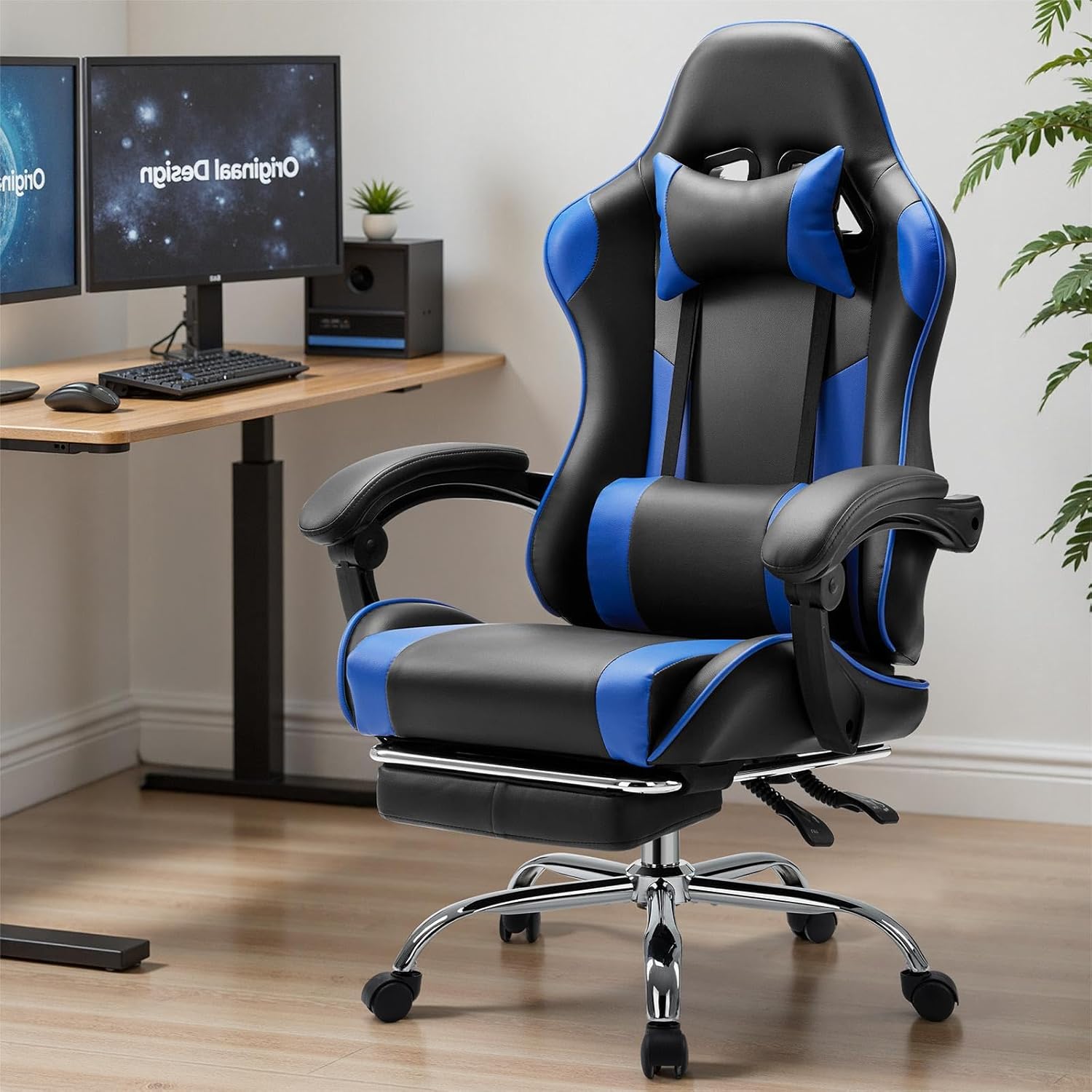 Computer Video Game Desk Chair - Ergonomic Comfy Lumbar Support with Footrest, PU Leather Recliner with Headrest, Fixed Up Armrest, Height Adjustable and 360?? Swivel, for Adults, Blue