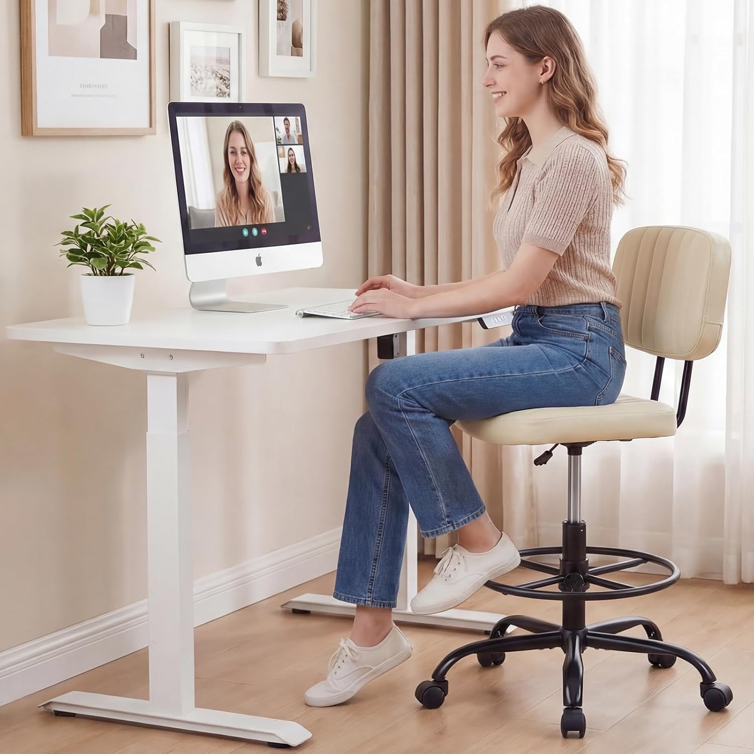 Armless Drafting Chair, Low Back Office Seat with Adjustable Footrest Ring for Standing Desk, Ergonomic PU Leather Office Seating, Swivel Rolling High Stool for Studio, Lab, Counter, Beige