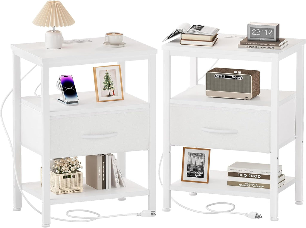 Nightstand with Charging Station, Bedside Tables with USB Ports and Fabric Drawer, Small Night Stand with Open Adjustable Shelf, Compact End Table for Bedroom, Black