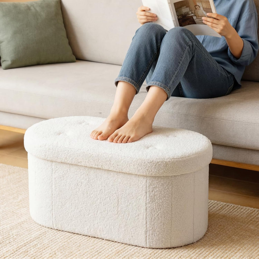 30 Inches Folding Storage Ottoman Bench, Oval Round Ottoman End of Bed Foot Rest Bench Stool with Cushion, Storage Chest for Bedroom, Living Room, Entryway, White