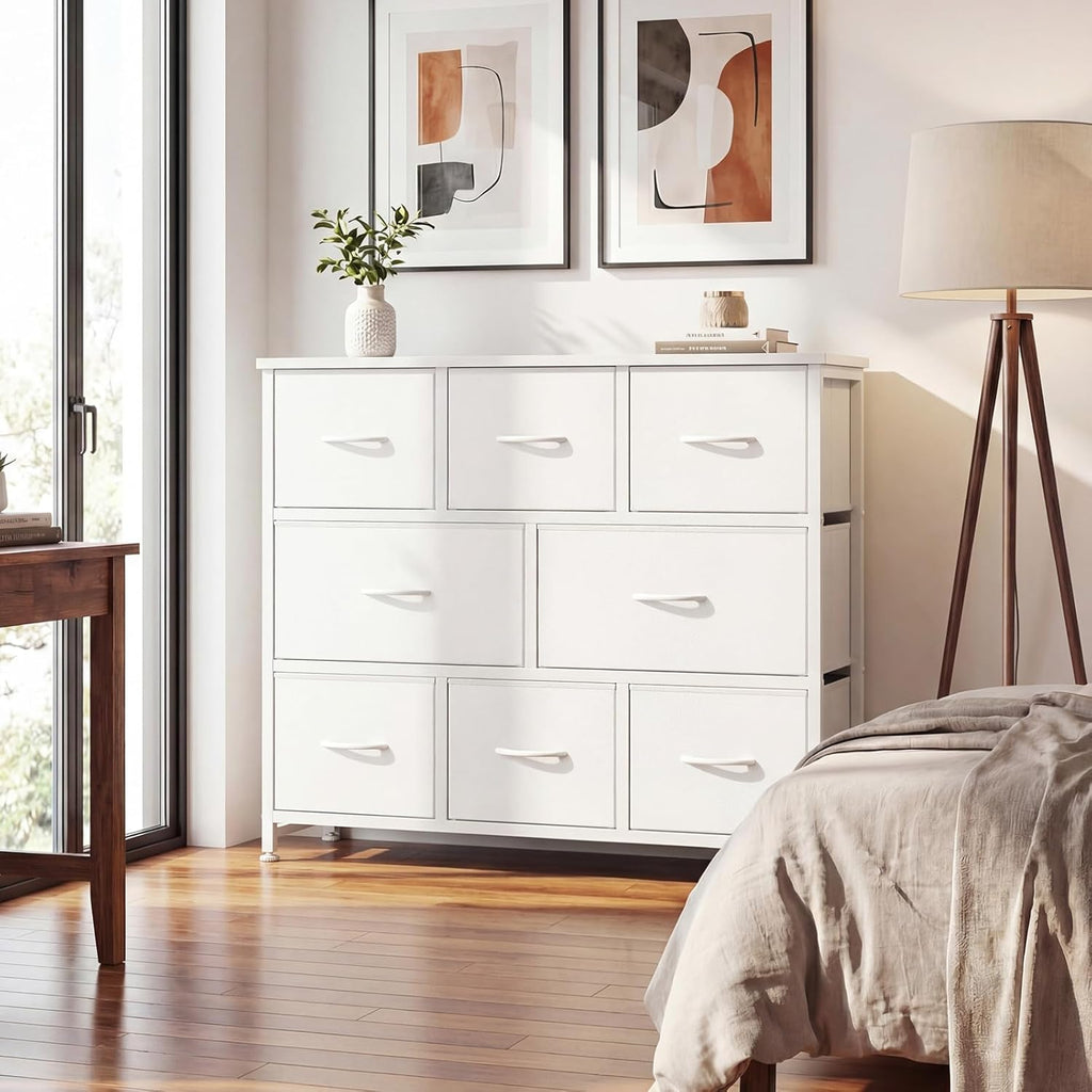 TV Stand, Dresser with 8 Fabric Drawers, Spacious Storage Tower for Closet, TV Stand with Wood Top and Mental Frame, Storage Unit for Living Rooms, Bedroom and Entryway, White