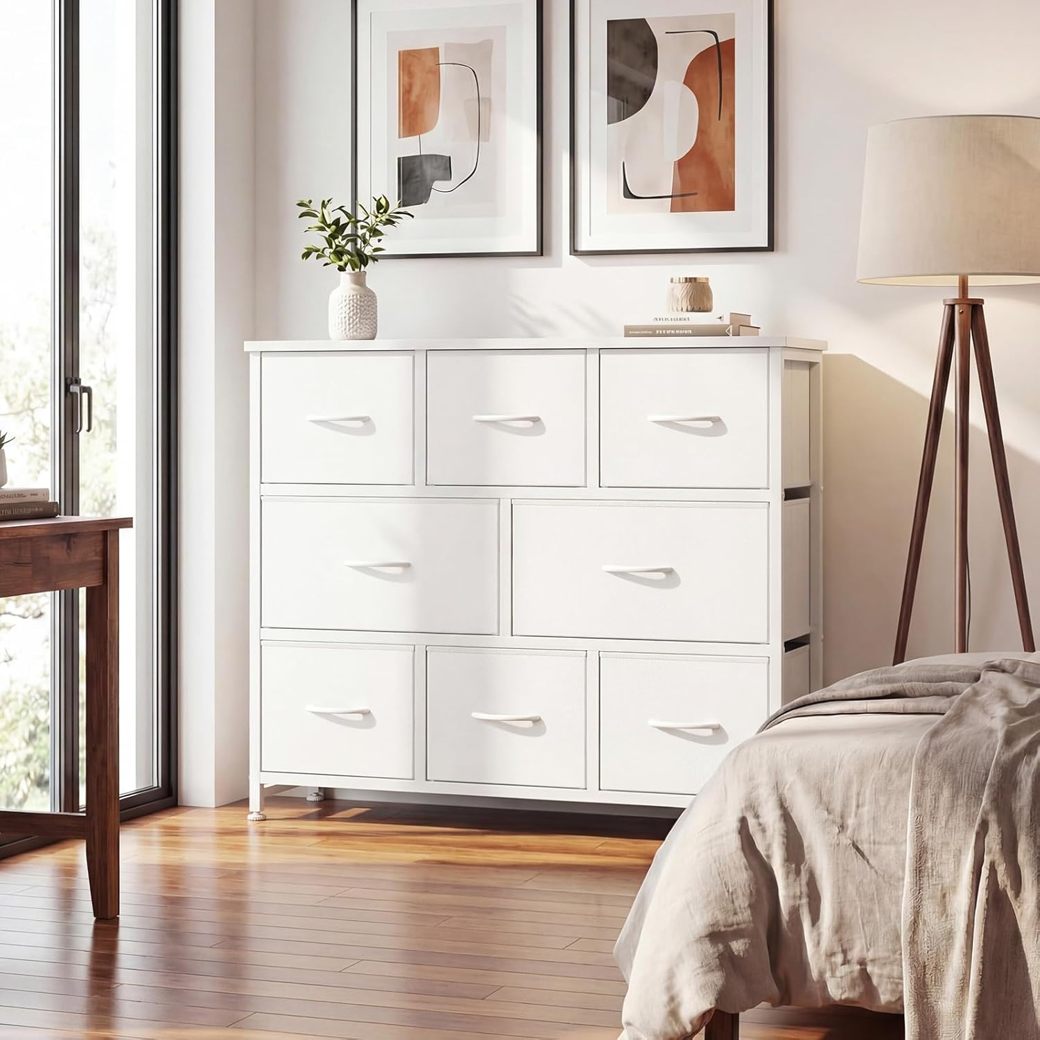 TV Stand, Dresser with 8 Fabric Drawers, Spacious Storage Tower for Closet, TV Stand with Wood Top and Mental Frame, Storage Unit for Living Rooms, Bedroom and Entryway, White