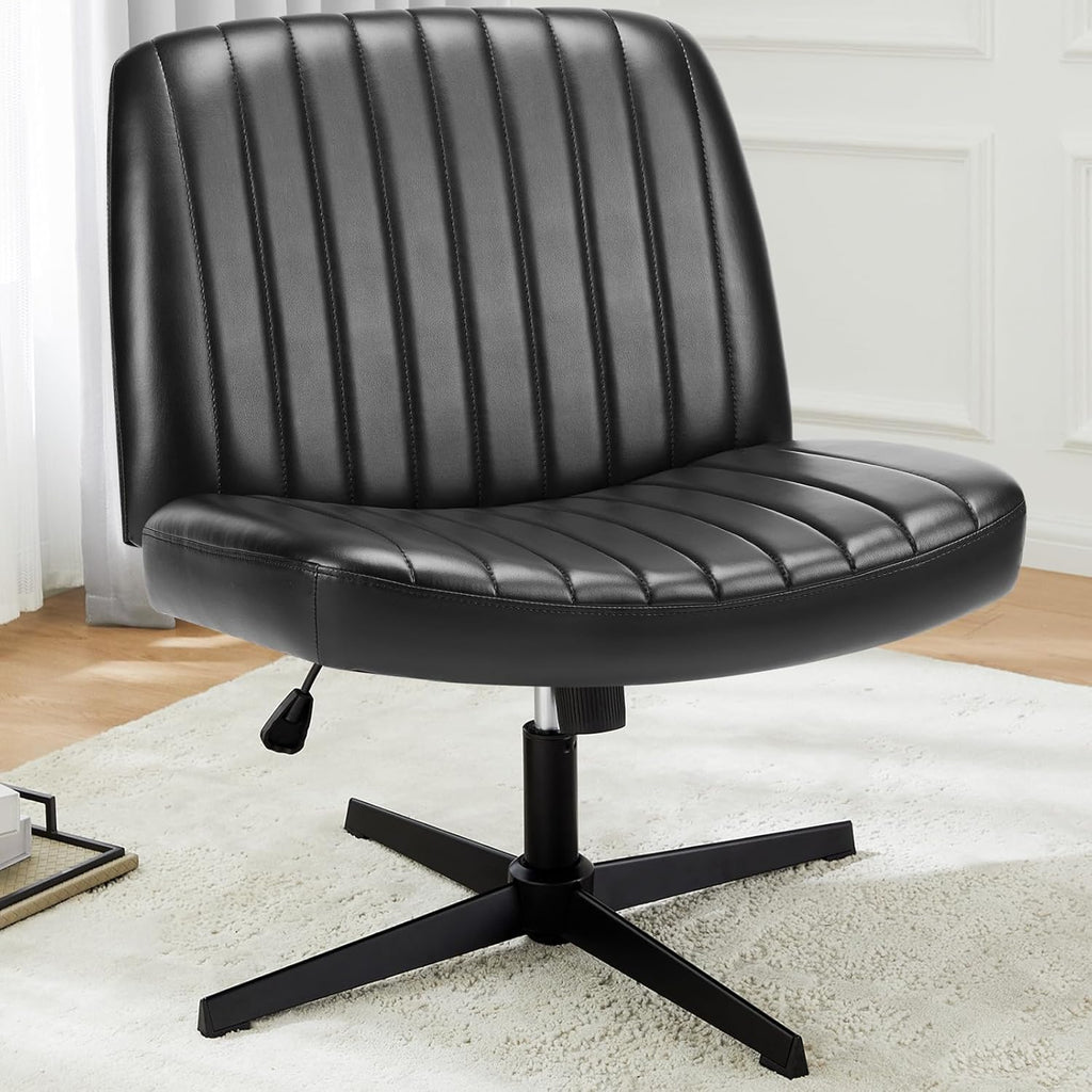 Criss Cross Chair No Wheels, Legged Office Desk Armless Chair Wide Seat, Adjustable Swivel Teddy Fabric Task Vanity Chairs for Home Bedroom, Beige