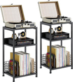 3 Tier Side Table, 2 Pack Record Player Stand with Storage Up to 100 Albums,Turntable Stand for Vinyl,Brown Records Shelf for Living Room Bedroom