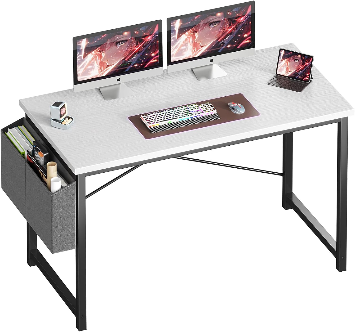 Computer Desk 31 Inch Home Office Desks for Small Spaces, Gaming Writing Study Work Table with Storage Bag for Bedroom, White