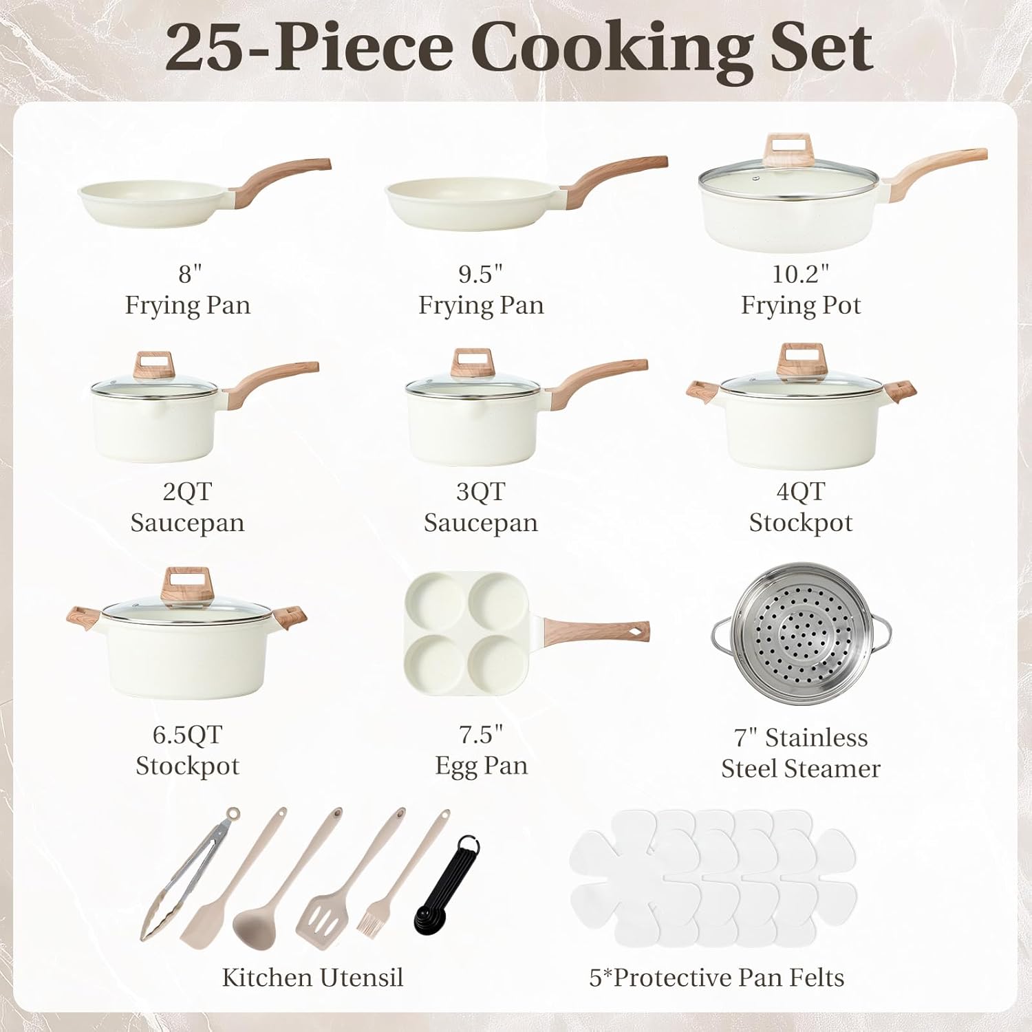 25 Pcs Pots and Pans Set, Nonstick Kitchen Cookware Set, Induction Cooking Sets with Stay-Cool Handles, Milky White