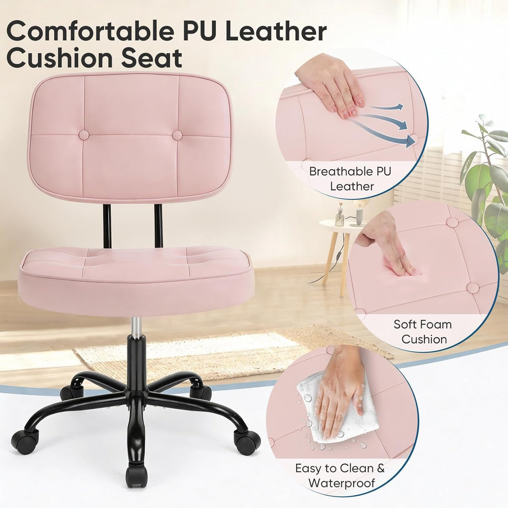 Home Office Desk Chair - Ergonomic Armless PU Leather Computer Rolling Task Chair??with Comfy Lumbar Support and Height Adjustable, Vanity, Bedroom, Pink