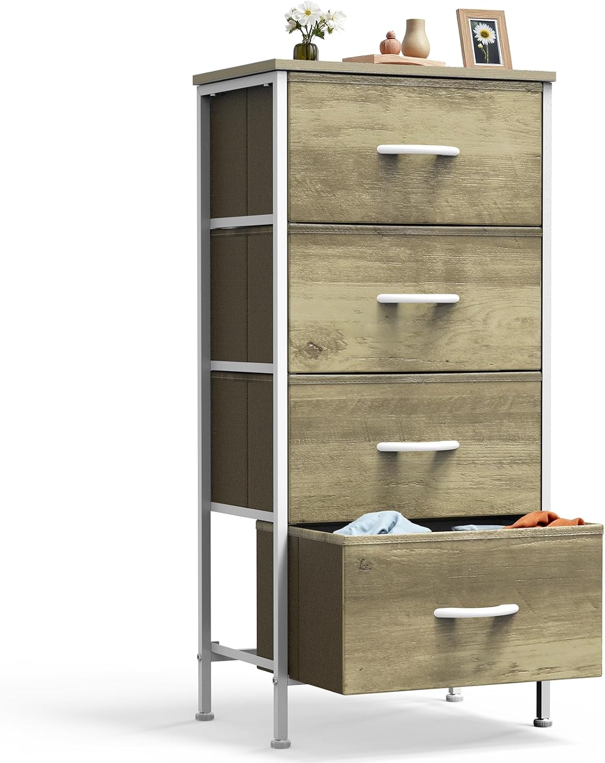 Nightstand with 4 Drawers Bedside Table with Removable Fabric Bins Sturdy Steel Frame Wood Top Organizer Furniture for Bedroom Closet Living Room,Light Gray