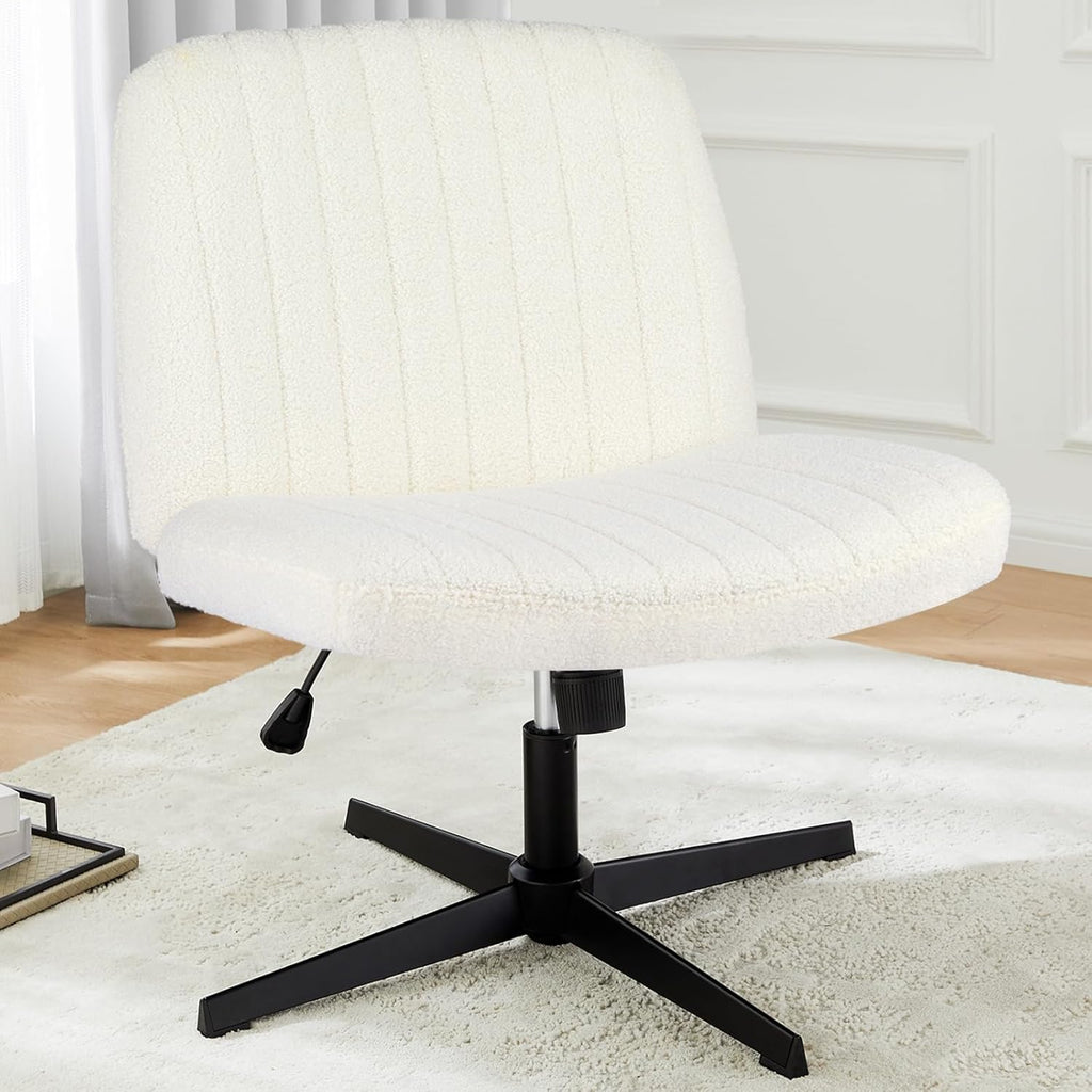 Criss Cross Chair No Wheels, Legged Office Desk Armless Chiar Wide Seat, Adjustable Swivel Teddy Fabric Task Vanity Chairs for Home Bedroom, Pink