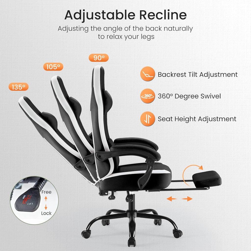 Computer Gaming Chair - Ergonomic Desk Chair with Footrest and Lumbar Support, High Back Height Adjustable Task Chair with Linkage Armrests and Headrest, 360?? Swivel Wheels, Black