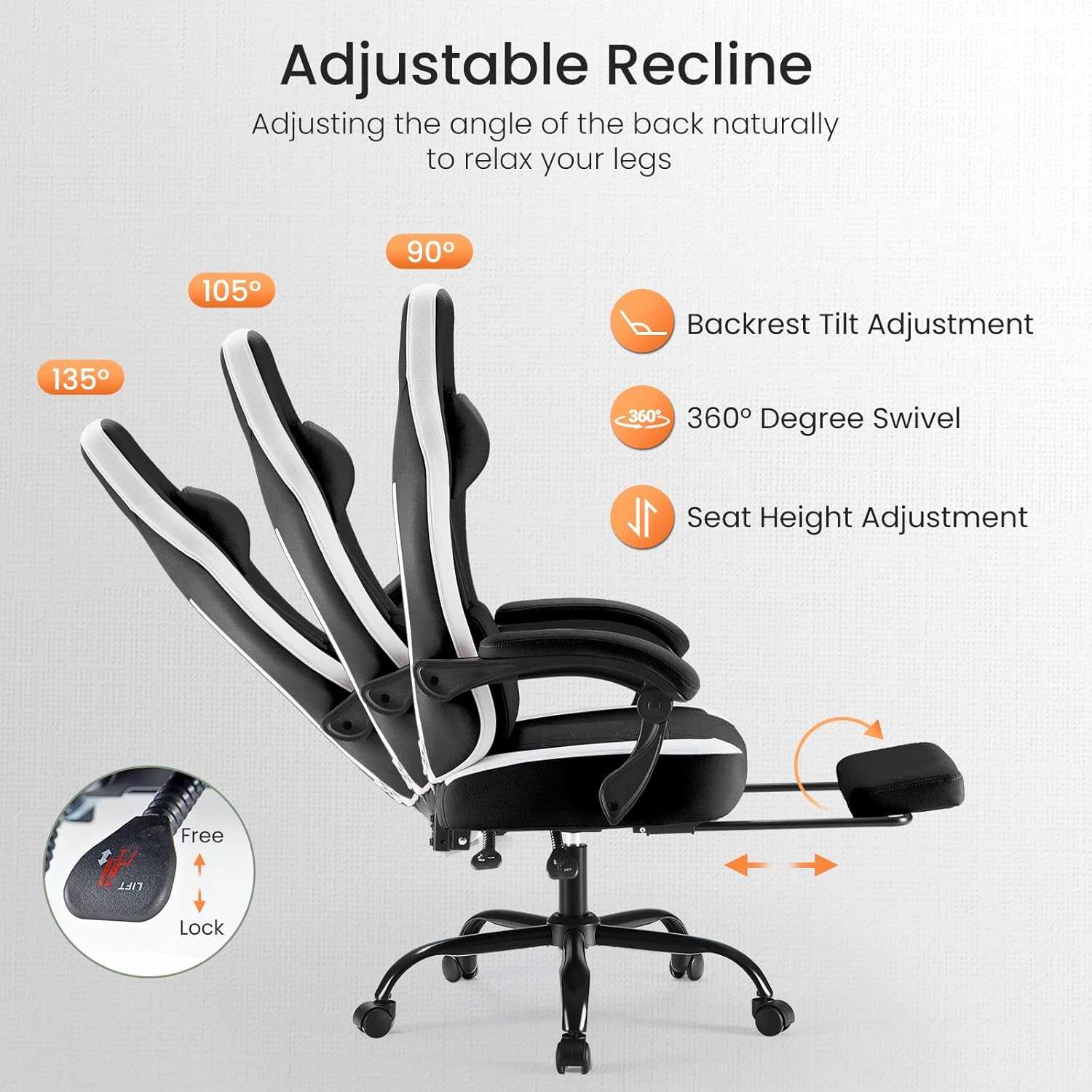 Computer Gaming Chair - Ergonomic Desk Chair with Footrest and Lumbar Support, High Back Height Adjustable Task Chair with Linkage Armrests and Headrest, 360?? Swivel Wheels, Black