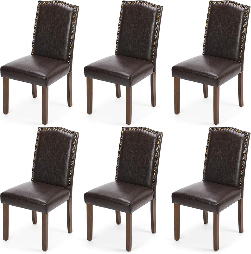 Dining Chairs Set of 6, Moden PU Leather Kitchen Table Chairs with Wooden Legs and Padded Seat for Dining Room/Kitchen/Living Room/Restaurant, Brown