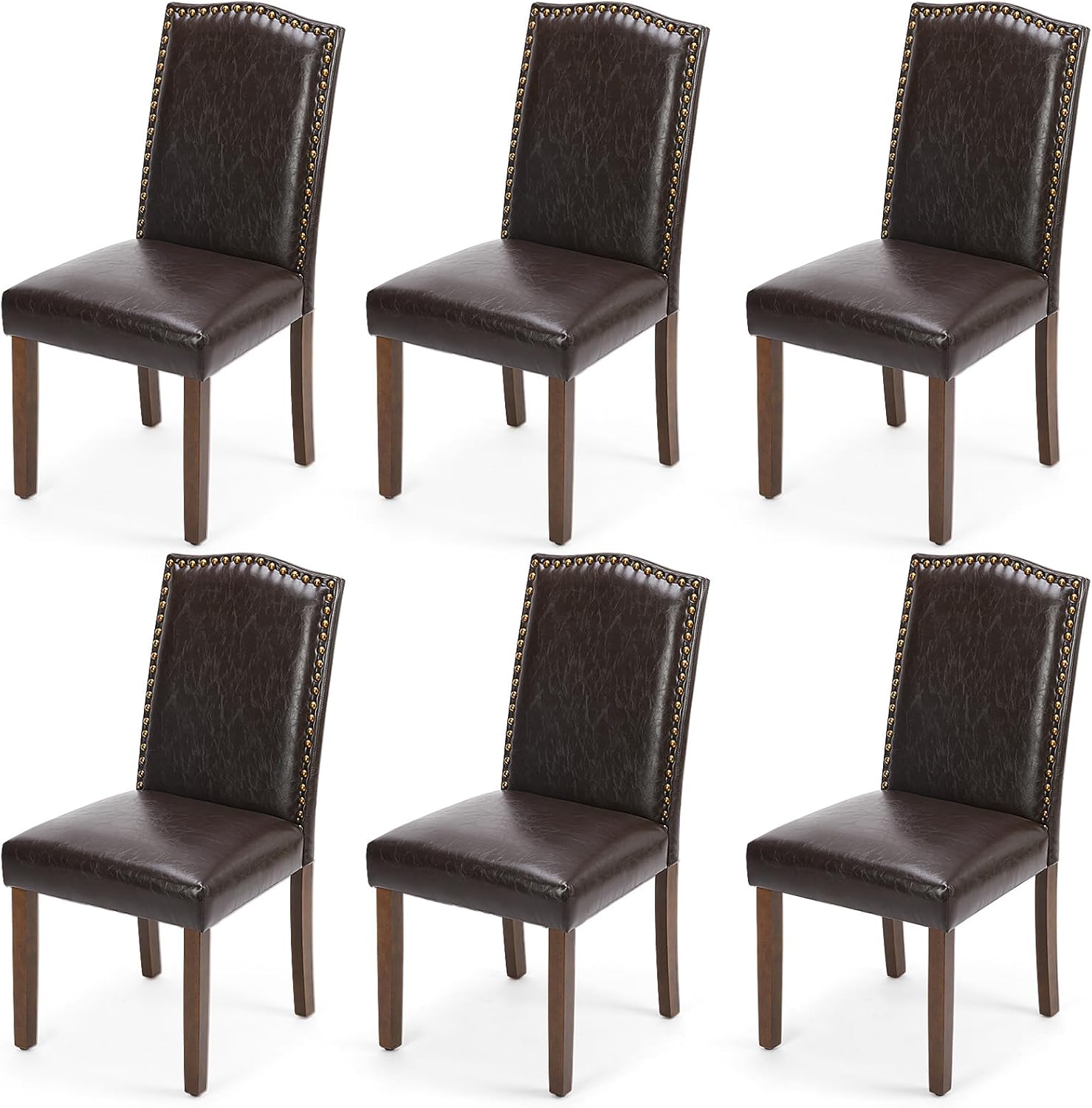 Dining Chairs Set of 6, Moden PU Leather Kitchen Table Chairs with Wooden Legs and Padded Seat for Dining Room/Kitchen/Living Room/Restaurant, Brown