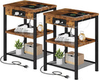 15.7 Small Side Table with Charging Station, End Table with Outlets & USB Ports, 3-Tier Adjustable Storage Nightstand for Living Room, Bedroom, Small Spaces, Record Player Stand, Rustic Brown