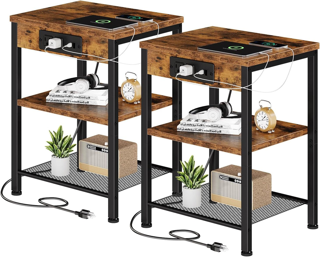 15.7 Small Side Table Set of 2 with Charging Station, End Table with Outlets & USB Ports, 3-Tier Adjustable Nightstand for Living Room, Bedroom, Small Spaces, Record Player Stand, Rustic Brown