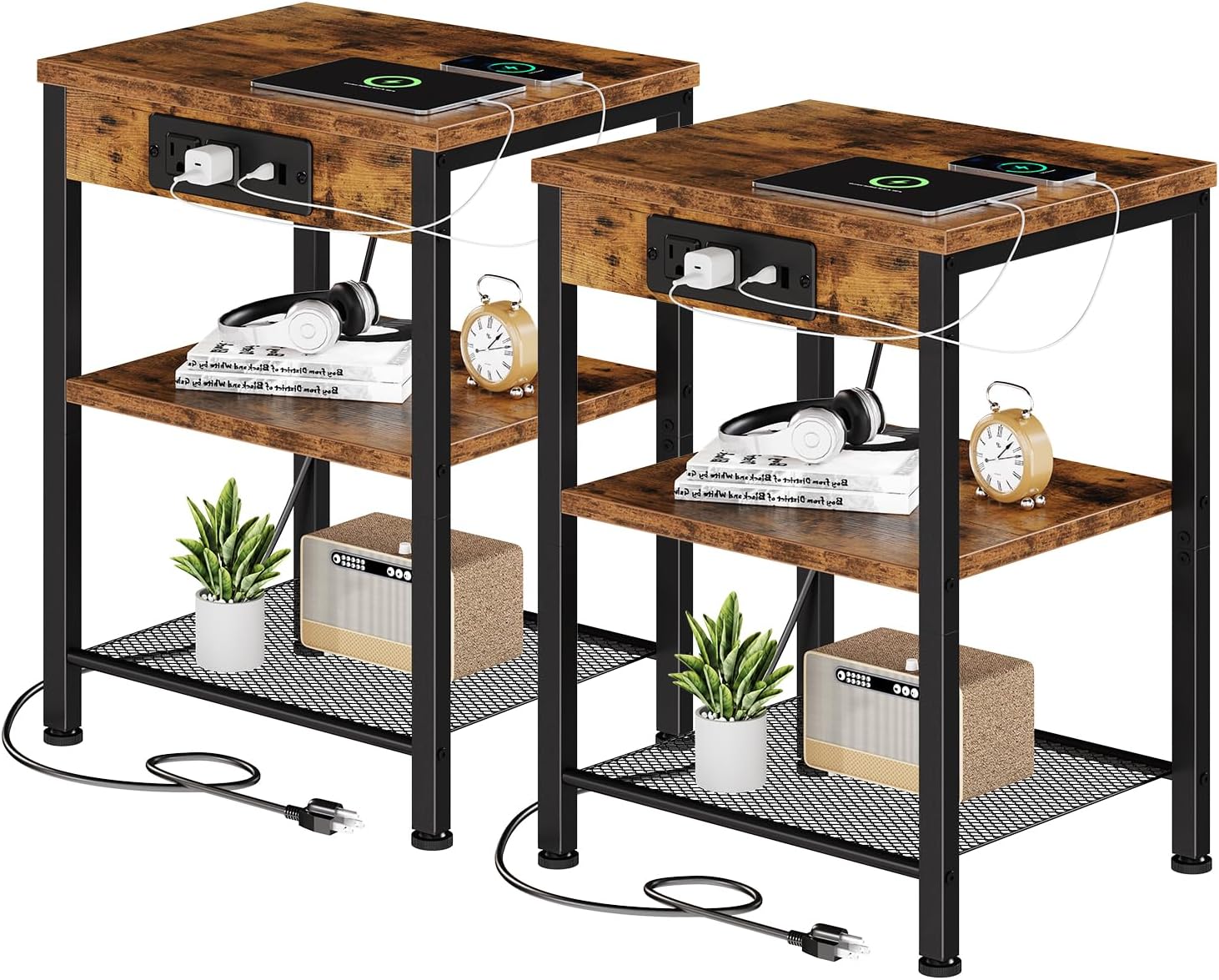 15.7 Small Side Table Set of 2 with Charging Station, End Table with Outlets & USB Ports, 3-Tier Adjustable Nightstand for Living Room, Bedroom, Small Spaces, Record Player Stand, Rustic Brown