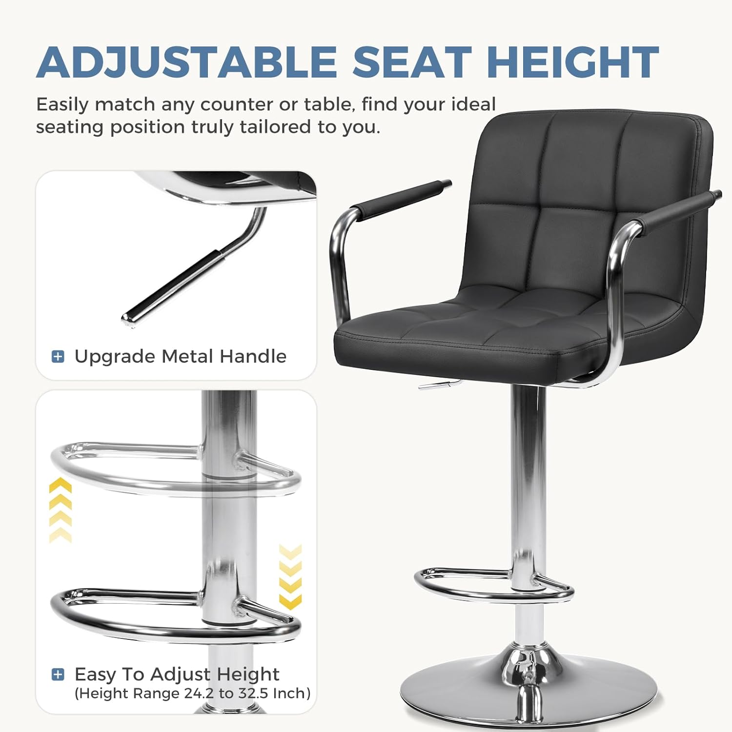 Bar Stools Set of 4, Adjustable Swivel Bar Chairs with Padded Armrests and Ergonomic Backrest for Kitchen Island Counter Pub Dining Room, Water-Resistant PU Leather, Black