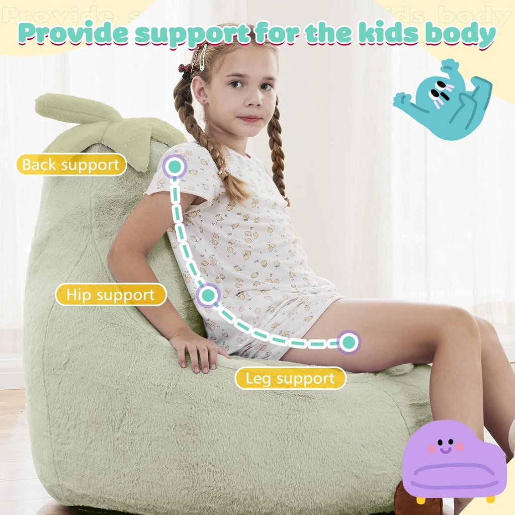 Kids Bean Bag Chair, Stuffed Toddler Couch with Faux Rabbit Fur Cover for Teens & Kids, Comfy Lazy Sofa Chair for Reader, Living Room, Bedroom, Aged 4-12 Years, 31 Inch, Green