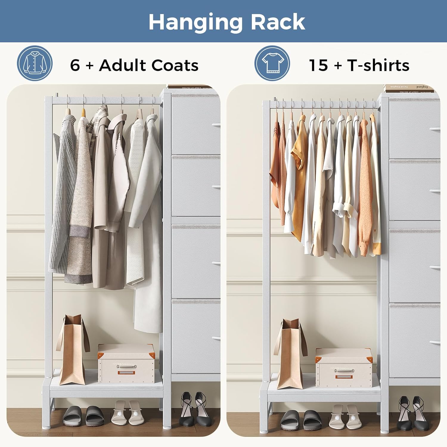 Dresser with Hanging Rack, 4-in-1 White Fabric Dresser for Bedroom, Closet Organizer with Clothes Rack, Shoe Rack & Hooks, Tall Storage Tower for Small Spaces, Apartment, Dorm, Entryway