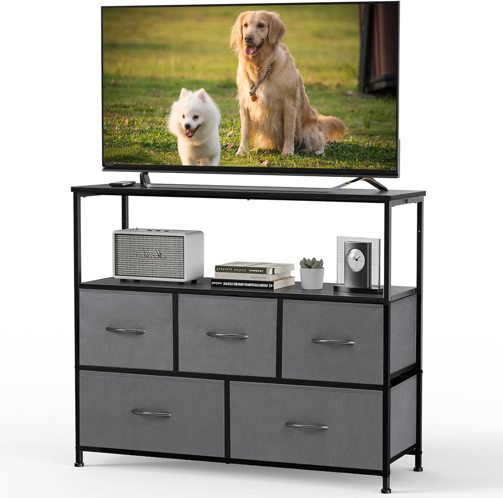 TV Stand, Dresser with 5 Fabric Storage Drawers, Media Console Featuring Open Shelf for TV, Compact Entertainment Unit for Bedroom, Living Space, or Dorm Organization, Grey
