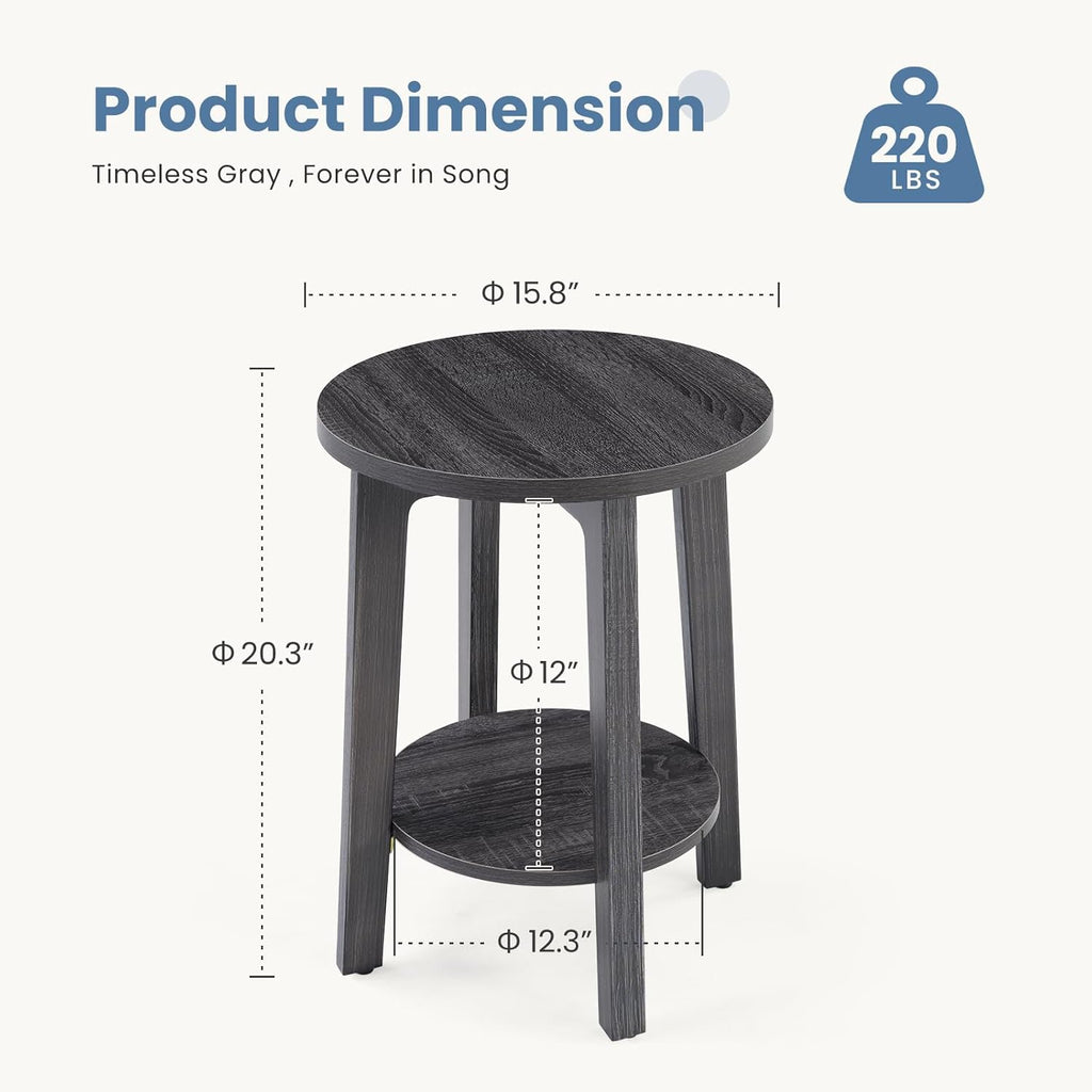 Small Round Side Tables Set of 2 for Living Room, 2-Tier Wood End Tables with Storage Shelf, 220 Lbs, Sturdy Bedside Nightstands with Non-Slip Pads, Easy Assembly, Grey