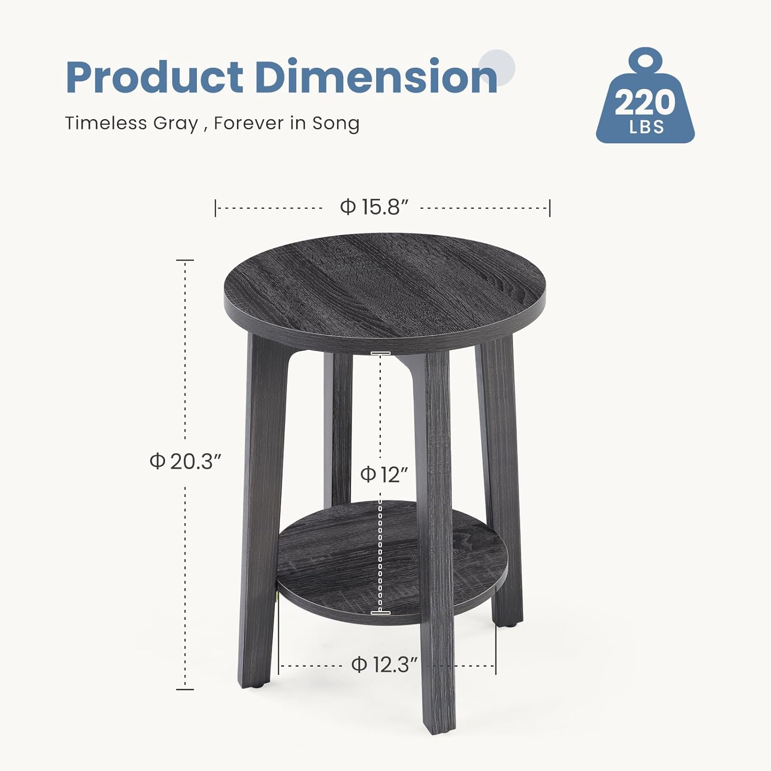 Small Round Side Tables Set of 2 for Living Room, 2-Tier Wood End Tables with Storage Shelf, 220 Lbs, Sturdy Bedside Nightstands with Non-Slip Pads, Easy Assembly, Grey