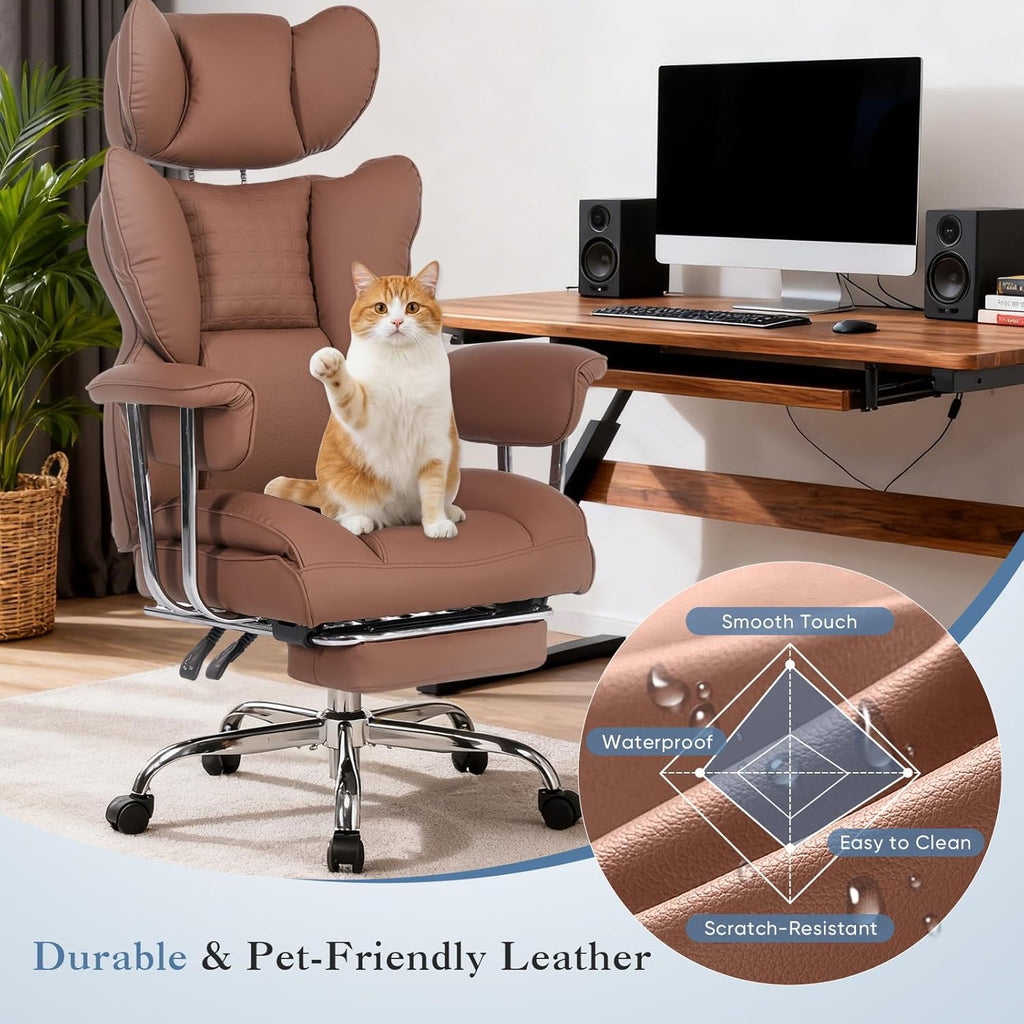 Big and Tall Office Chair 350 LBS, Scratch-Resistant PU Leather Executive Office Desk Chair with Footrest, Ergonomic Reclining Computer Chair with Pocket Spring Support for Home Office, Brown