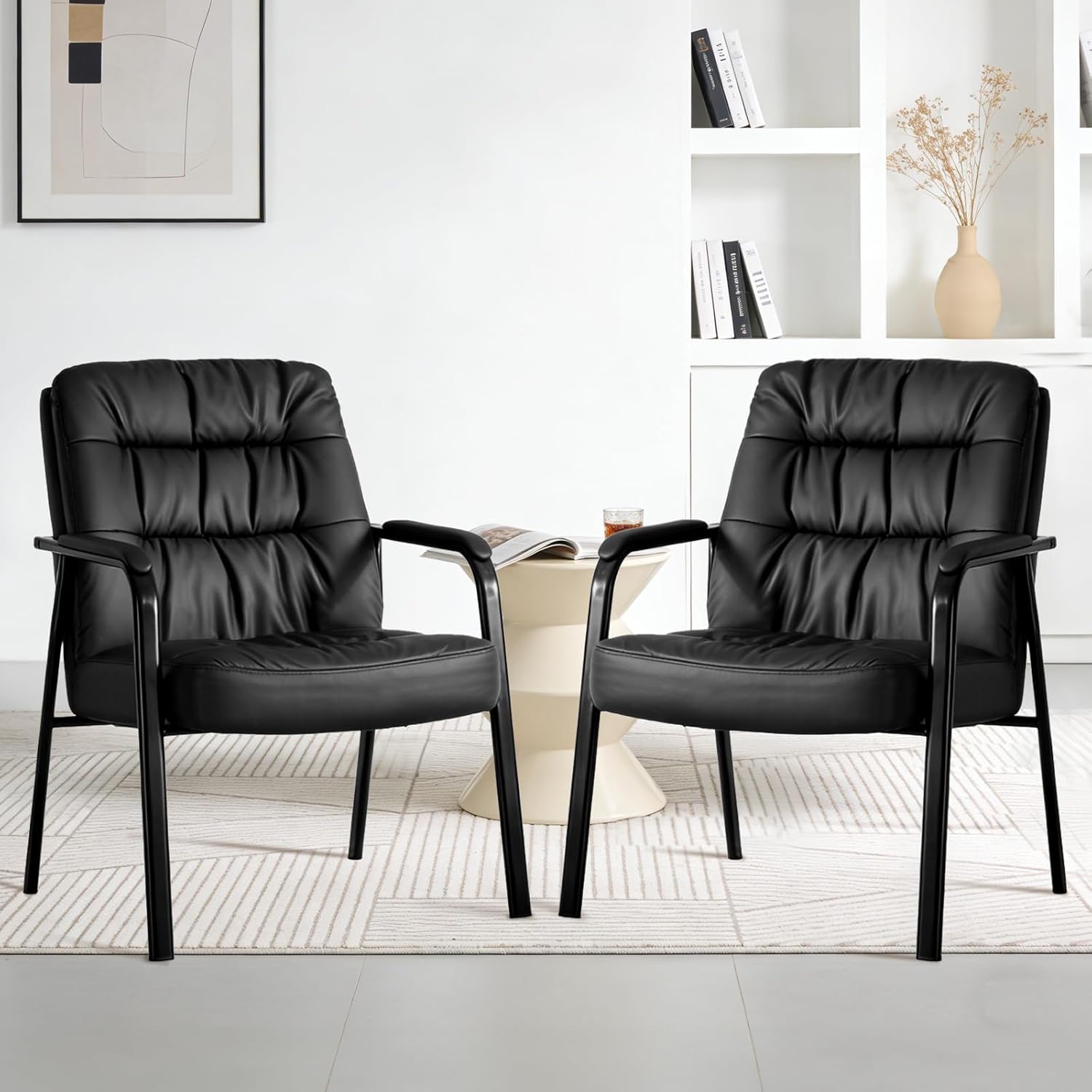 Waiting Room Guest Chair Set of 6, Leather Ergonomic Office Desk Reception Chair No Wheels with Padded Armrest for Conference Lobby Medical Waiting Area Bedroom, Black
