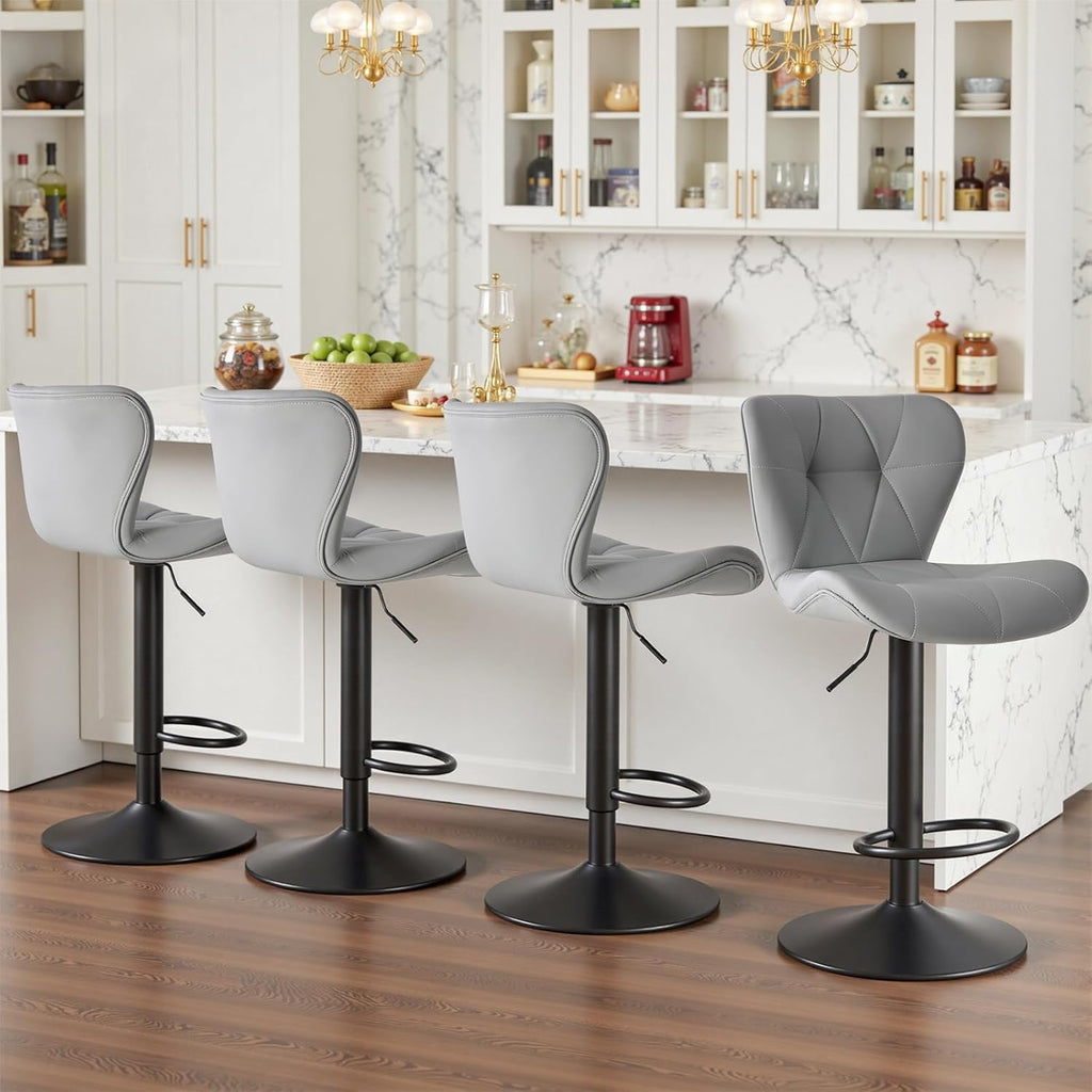 Modern Bar Stools Set of 4, Adjustable Faux Leather Upholstered Swivel Bar Stools, Counter Height Bar Chairs with Back for Kitchen Island, Grey