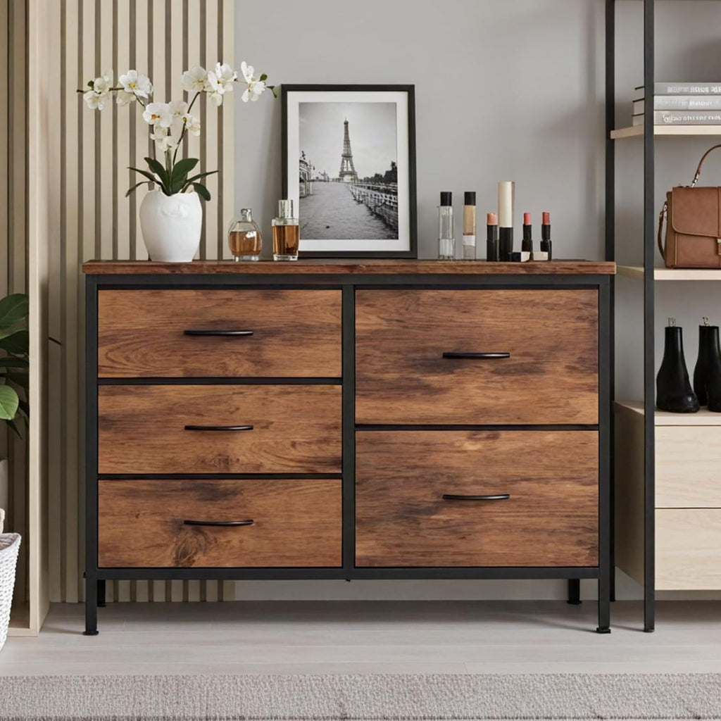 TV Stand for Bedroom with 5 Storage Drawers, Fabric Chest of Drawers with Metal Frame, Living Room Storage Organizers Units for Books, TV Stand and Hallway, Rust