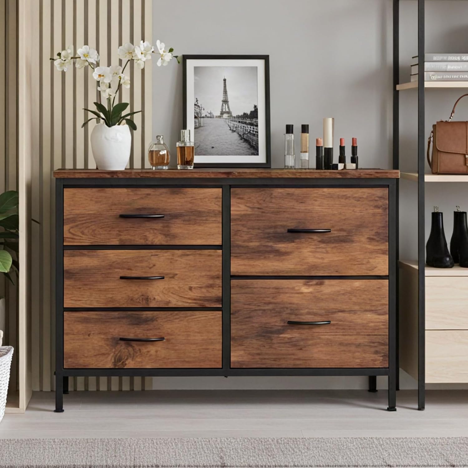 TV Stand for Bedroom with 5 Storage Drawers, Fabric Chest of Drawers with Metal Frame, Living Room Storage Organizers Units for Books, TV Stand and Hallway, Rust