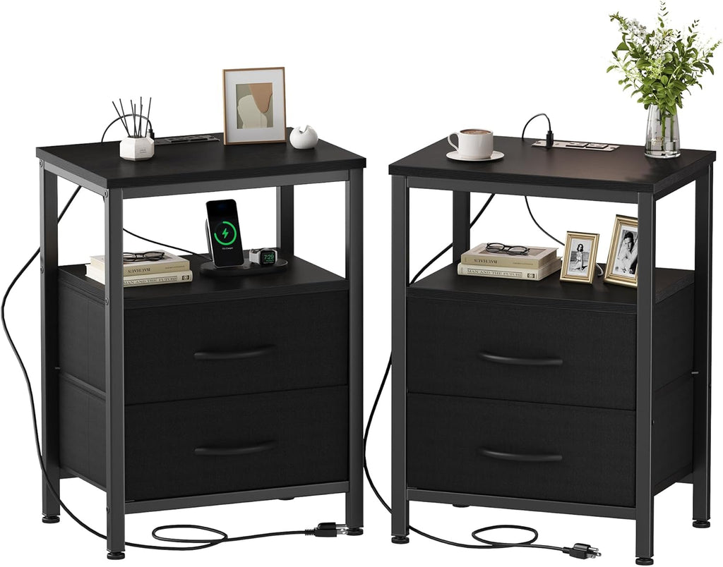 Nightstand Set of 2 with Wireless Charging Station Bed Side Tables with Adjustable Fabric Drawers 3-Tier Storage End Tables Modern Design,Black