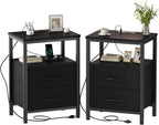 Nightstand Set of 2 with Wireless Charging Station Bed Side Tables with Adjustable Fabric Drawers 3-Tier Storage End Tables Modern Design,Black