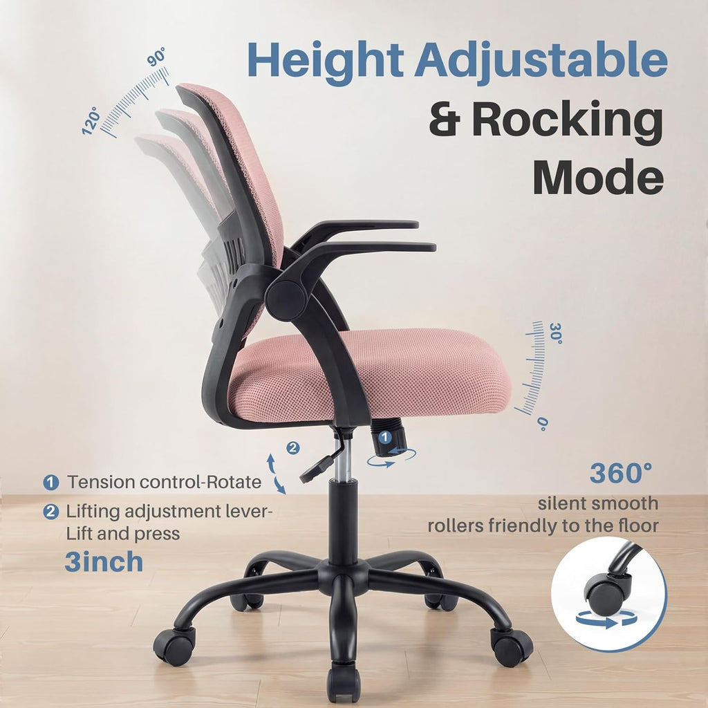 Home Office Desk Chair - Ergonomic Computer Mesh Chair with Lumbar Support & Rocking Mode, Height Adjustable with Flip-up Armrest, for Conference, Meeting Room, 360?? Swivel, Adults, Pink
