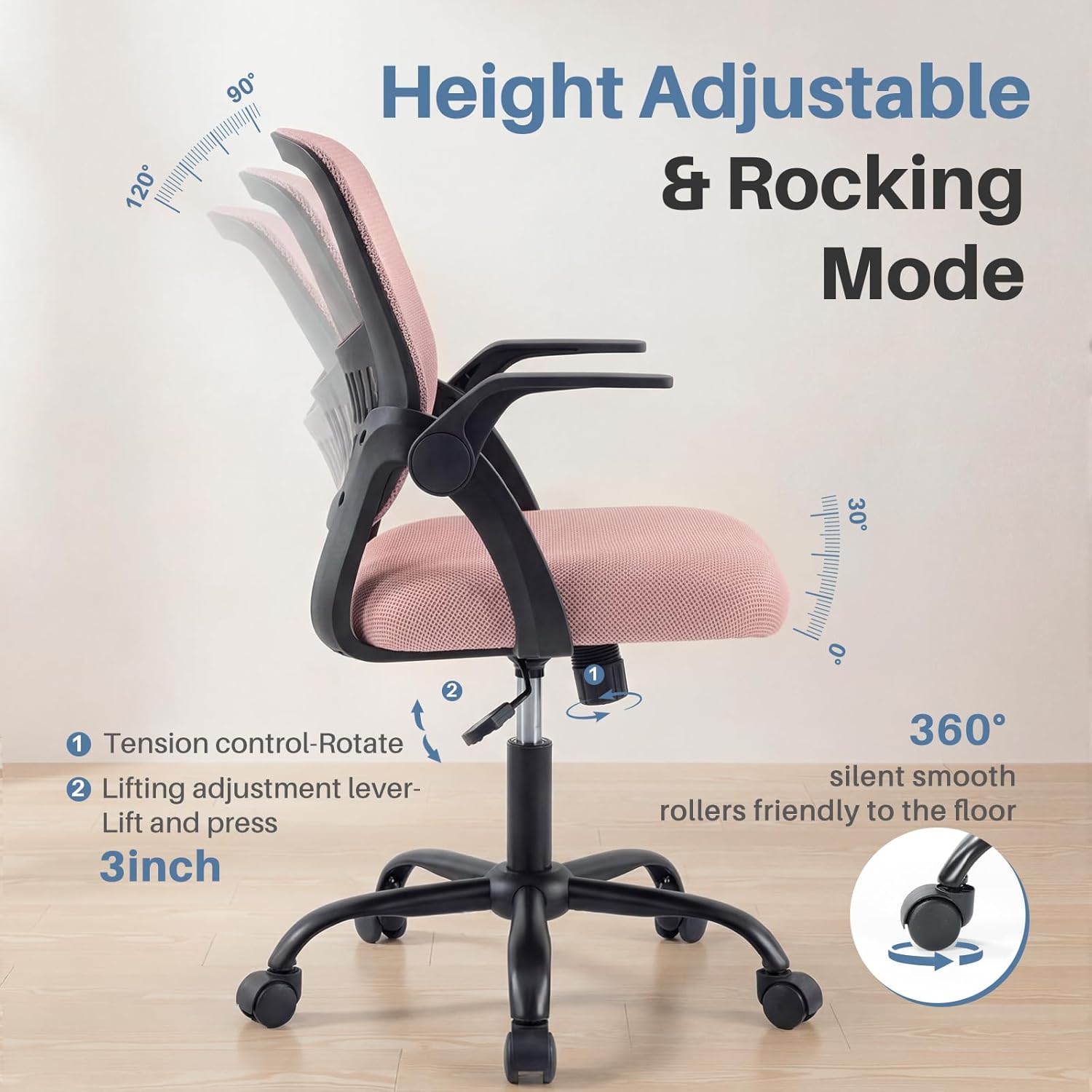 Home Office Desk Chair - Ergonomic Computer Mesh Chair with Lumbar Support & Rocking Mode, Height Adjustable with Flip-up Armrest, for Conference, Meeting Room, 360?? Swivel, Adults, Pink