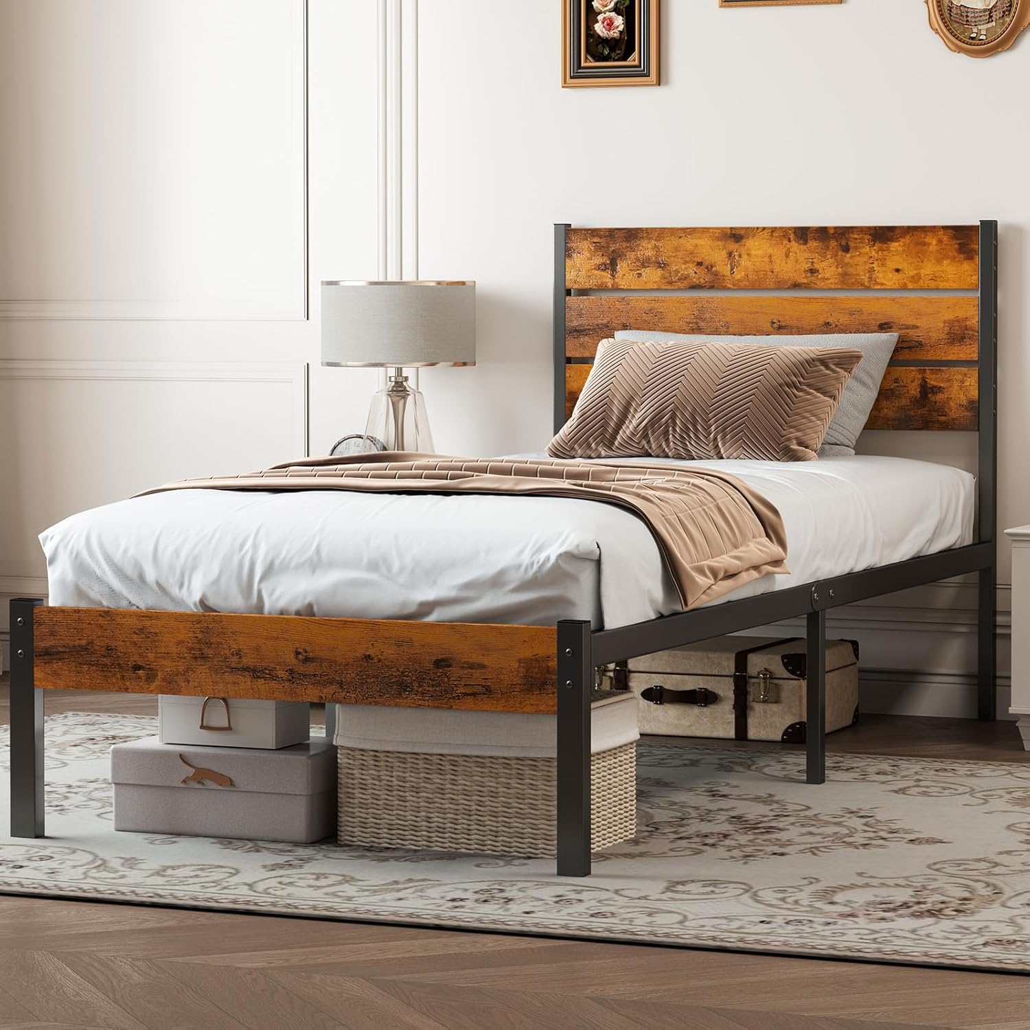 Twin Size Metal Platform Bed Frame - Mattress Foundation with Headboard and and Footboard, No Box Spring Needed with 700LBS Sturdy Wooden Slats Support, Noise Free, Easy Assembly
