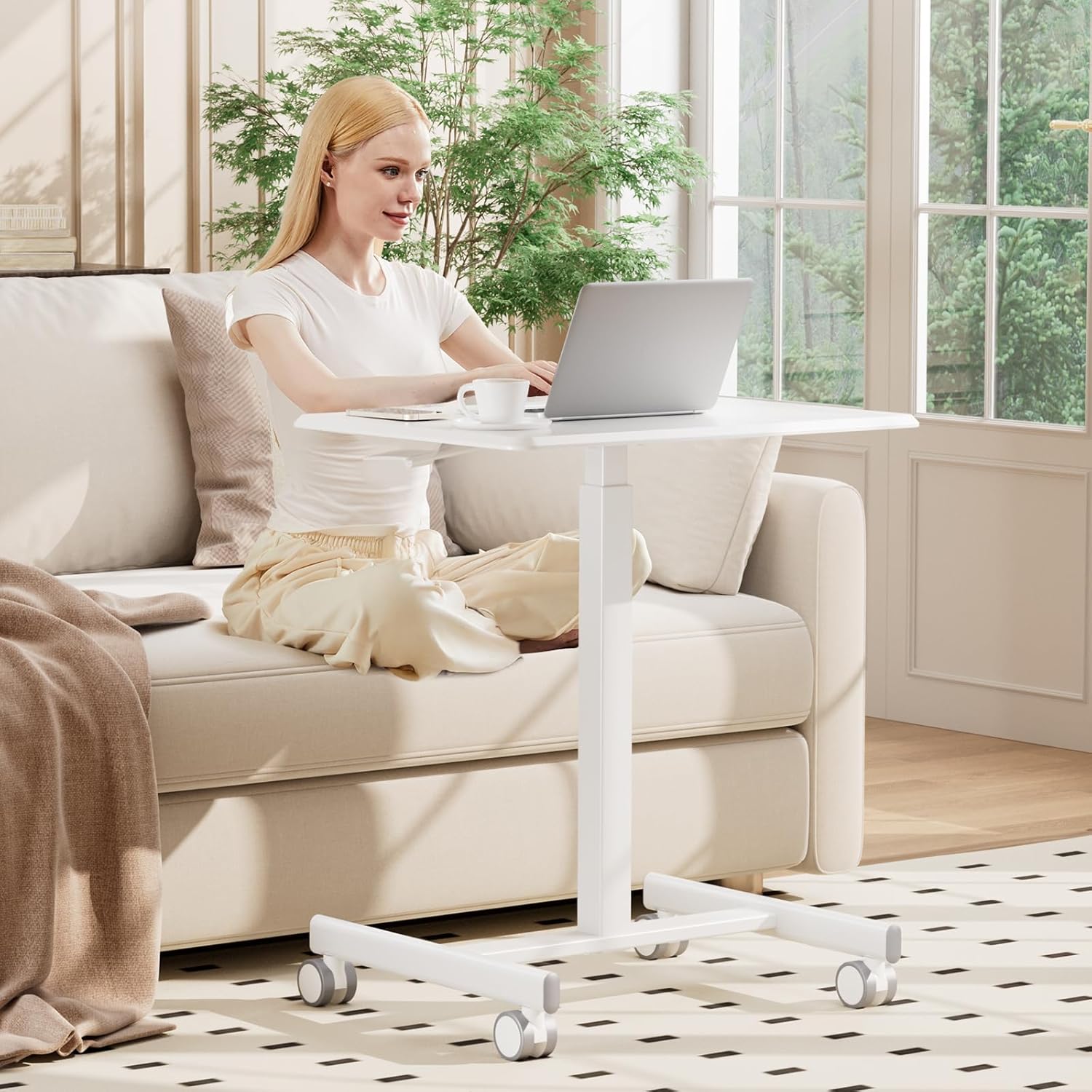 Small Standing Desk with Locking Wheels, Mobile Portable Rolling Laptop PC Table, Adjustable Height Computer Workstation for Home Office, 19 Inch, White