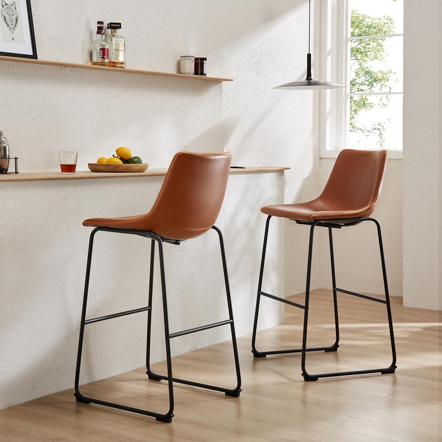 Counter Height Bar Stools Set of 4, 30 inch Height Stool Faux Leather Barstools with Back, Armless Kitchen Island Countertop Comfortable Modern Chairs with Metal Legs, Warm Brown