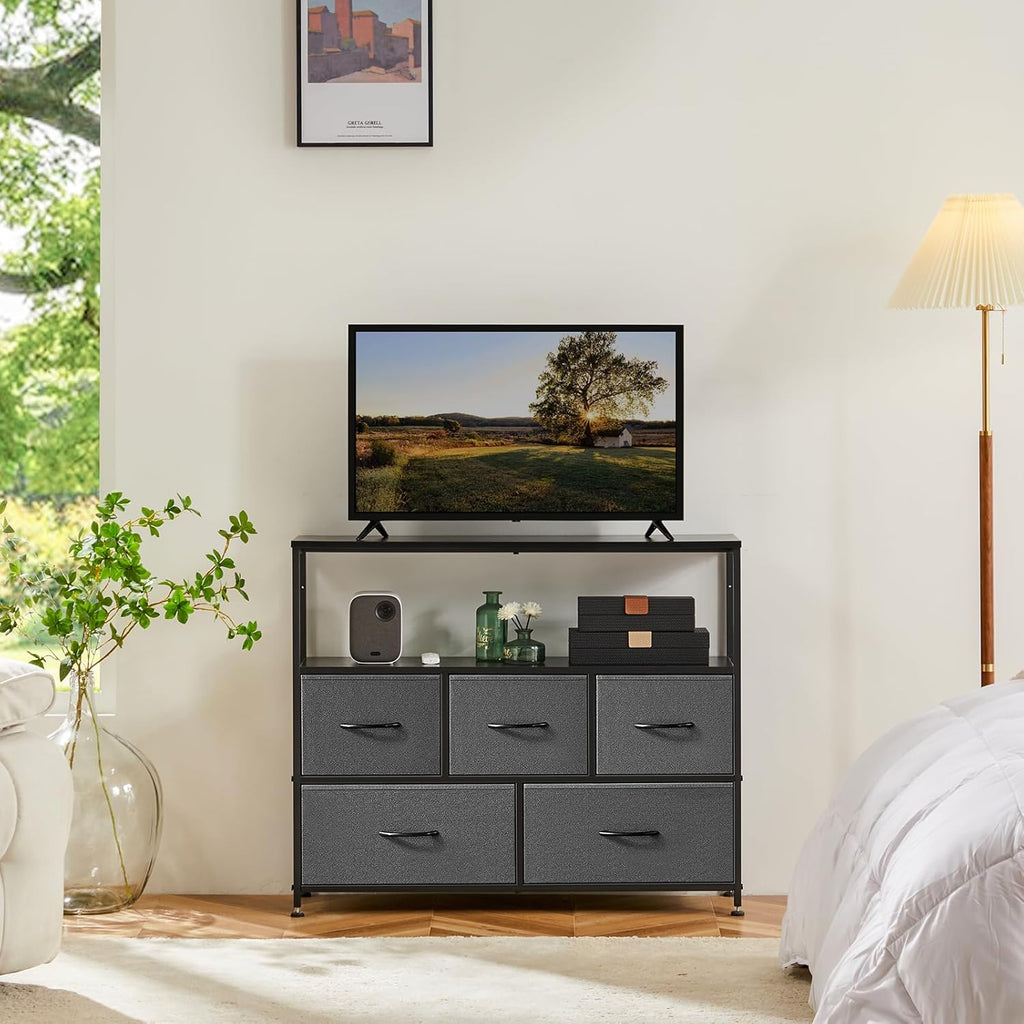 TV Stand, Dresser with 5 Fabric Storage Drawers, Media Console Featuring Open Shelf for TV, Compact Entertainment Unit for Bedroom, Living Space, or Dorm Organization, Grey